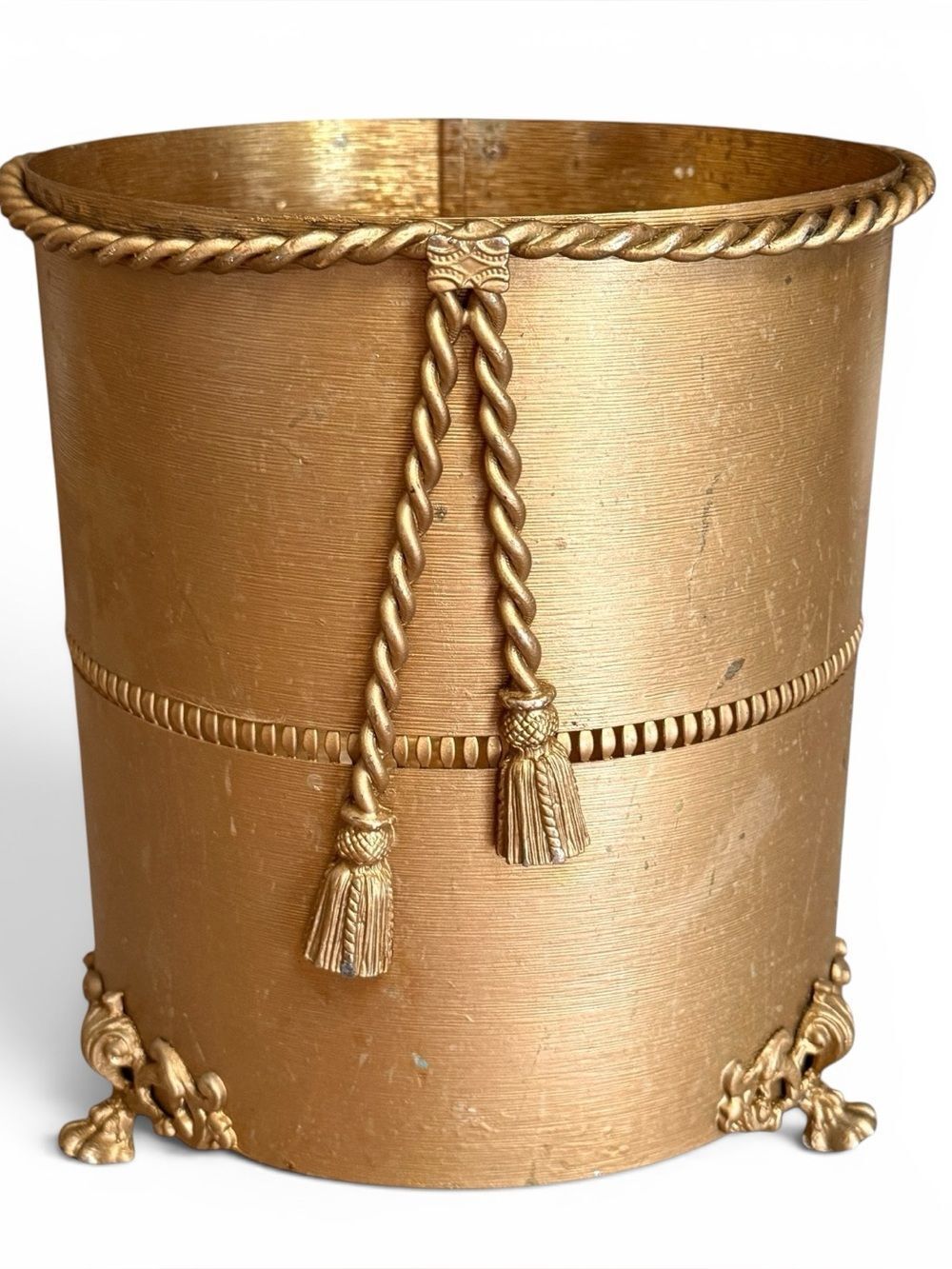 Vintage Gold Twisted Rope Waste Basket Cover USA StyleBuilt Hollywood Regency